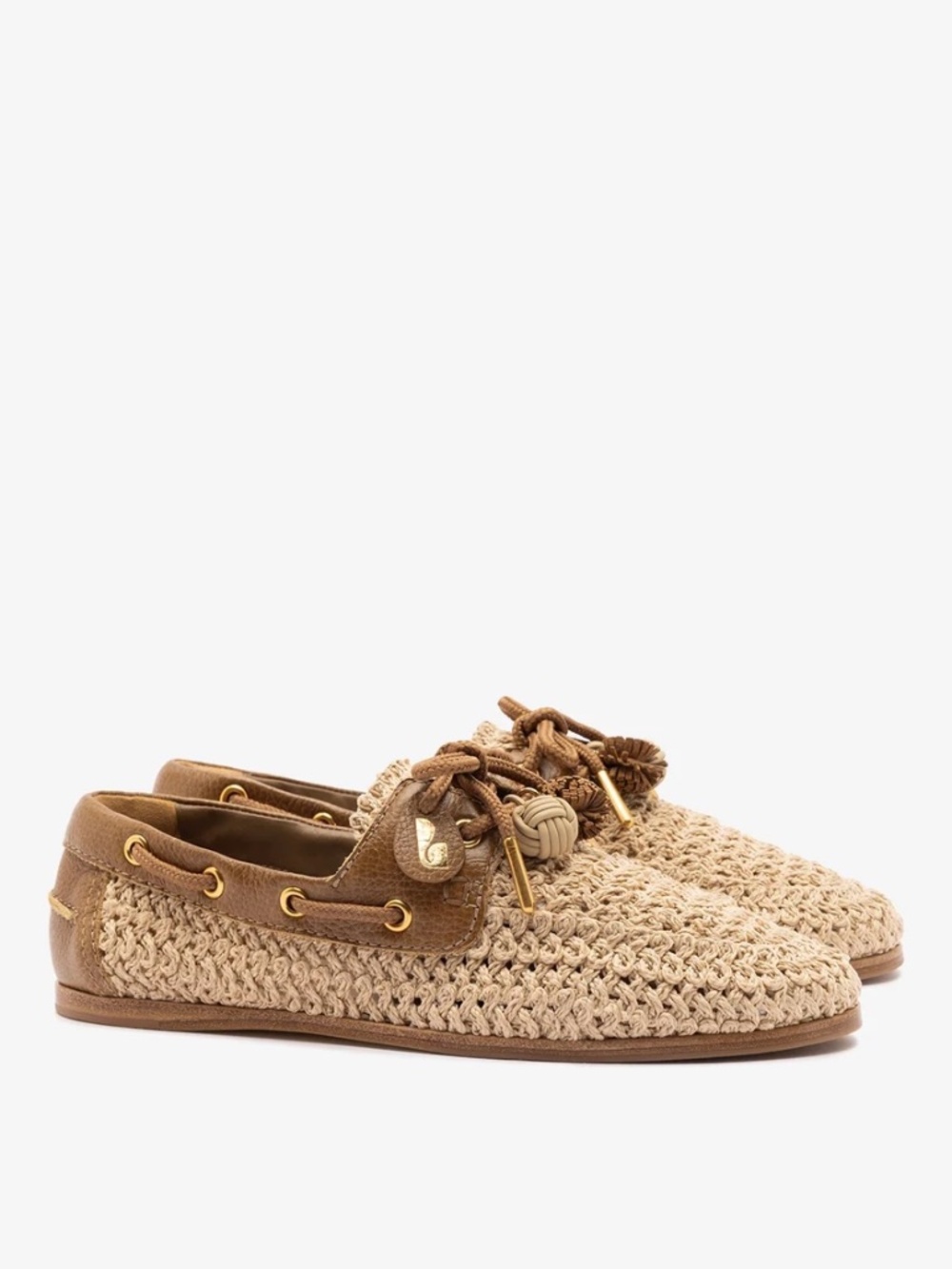 Larroude Cyprus Crochet Boat Shoe In Natural Crochet and Russet Leather